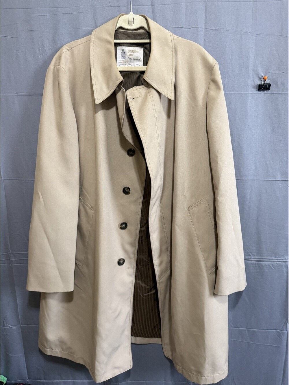 Vintage London Fog Maincoat Mens 46 Long Beige Trench Overcoat Jacket USA